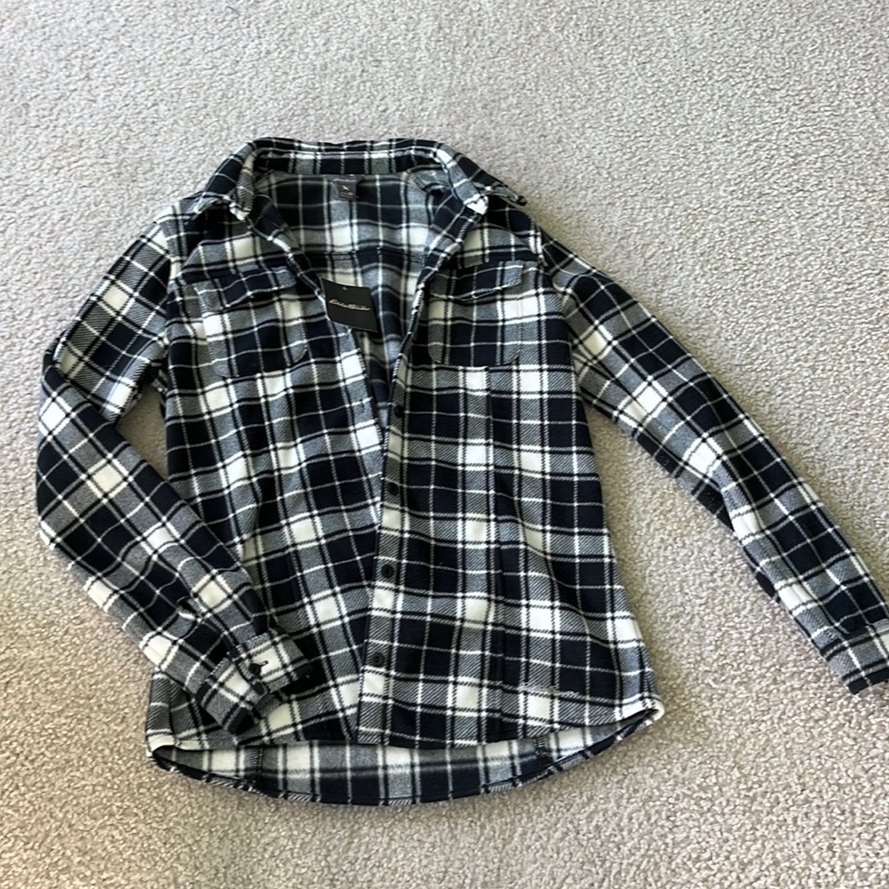 Eddie Bauer Black and White Plaid Fleece Flannel